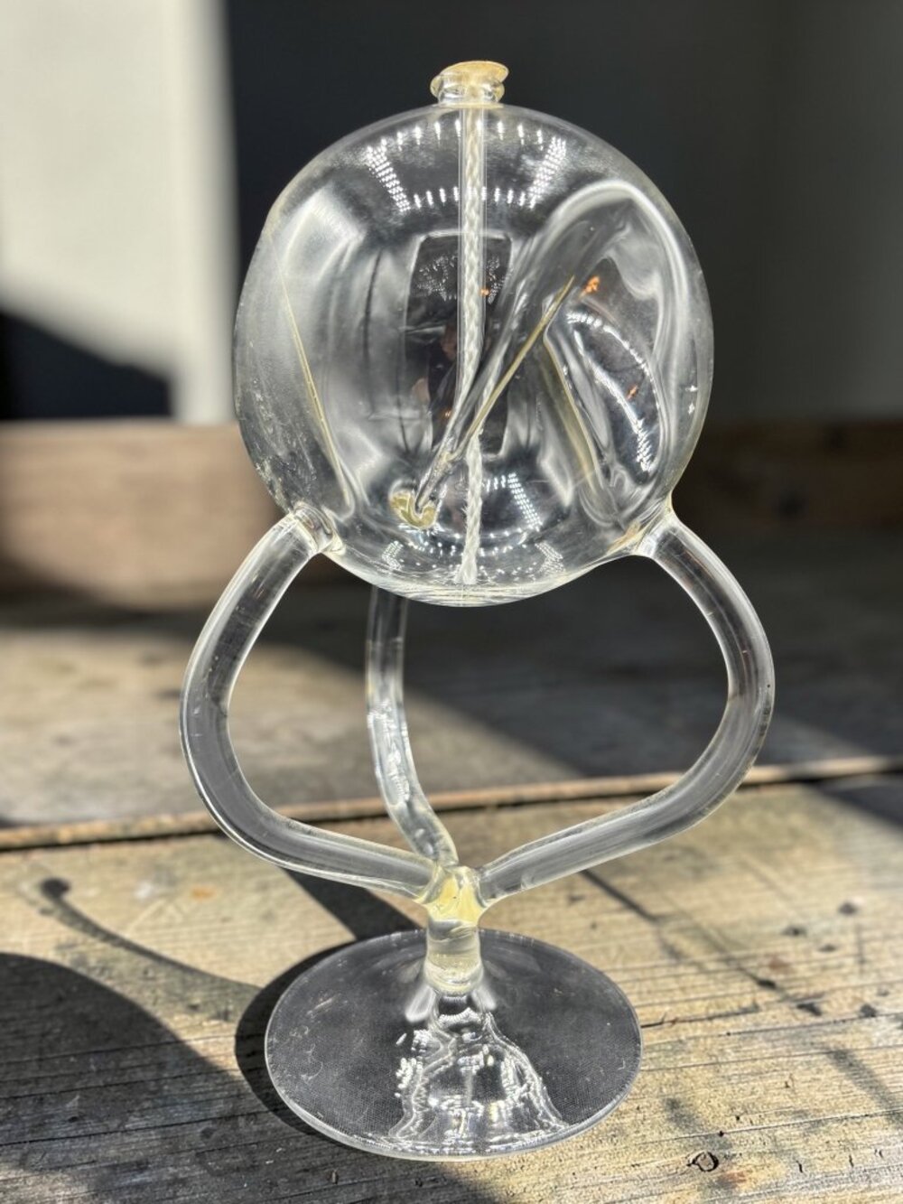 Hand Blown Clear Glass Oil Lamp With Unique Sculptural Design Vintage Collectibl